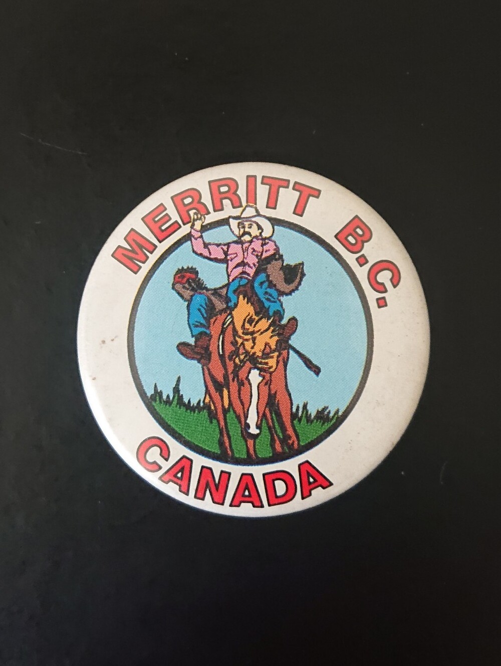 Vintage 1.75" Round Pin Button - Merrit, BC Canada - Cowboy Bronco